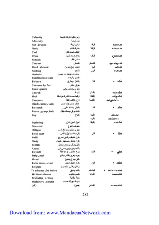 Calamity بؤس،نكب ،ك اث ،ف جع 
Adversity شدة،محن 
Soil , ground ق اْق ااض،تاب 
Hook ق اْق لا سنّ اة،كلاّب 
Curl التي ف،تجعد،فتع 
Dress ق اْق ن اداء،كس ء،ث ب 
Sandals صندع، ف 
Currant قشمش كشمش 
Fixed , chronic قيت ث بت،ااسخ،مزمن 
Sobbing قيتي تشنج 
Hysteria هستياي ، اضطااب عصبي 
Bursting into tears انيج ا ب لبك ء 
To burn قلا يشتعع ،يحتاق 
Consume by fire يحاق ب لن ا 
Roast , parch يش ي،يحمص،يح ي 
Church إقْ سْي كنيس 
Shell إقْ يْت ق قع ،صدف ،قشاة،حاشي 
Carapace إقْ يْس داع،غلاف،غ ي 
Hard (casing , skin) غلاف ص ب،ج د ص ب 
To clutch … ق د يحبض ب حك ع 
Fasten , grasp, lock يثبت،ي ثق،يمسك،يحيع 
Key إقْ يدا ميت ح 
إقْ يدا 
Squinting إقْ يح أح ع العين،شزا 
Distorted منحاف،اع ج 
Oblique م ت ي،منحاف،زائغ،أز ا 
To be light ق ع يحع،ي ف،يسهع،ينحص 
Swift يك ن ييف،اشيق،سايع 
Hasty يك ن ط ئش،مستهتا،عج ع 
Belittle يح ع،يصغّا،يست ف،يححّا 
Abuse يشت ،ي عن،يهين،يسئ ال 
To shell ق ف ينزع الحش ا ا الاغ ي 
Strip , peel يجاد،يعاي،يحشا،ي ع 
Shred يشق،يمزق،يس خ 
To be cross – eyed ق ق يك ن اح ع العين 
To glare يزغ ع،يغش )البصا 
To advance , be before قم ،قد يتحد ،يسبق 
Written talisman اقم ه ط س مكت ب 
Protective writing كت ب ق ئي 
Phylactery , amulet تميم ،تع يذة،حج ب 
(pl.) اقم هي )جمع 
121 
Download from: www.MandaeanNetwork.com 
 