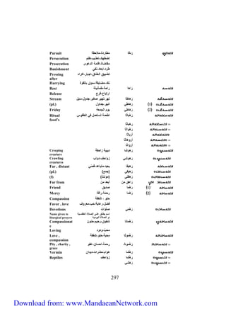 Pursuit رَدفا مطاردة،ملاحقة 
Persecution إضطهاد،تعذيب،ظلم 
Prosecution مقاضاة،رقامة رادعاى 
Banishment طرد،ربعاد،نفي 
Pressing تضييق راخناق،رجبار،ركرره 
after 
Harrying نكد،مضايقة،ساق بااقاة 
Rest ررلا ررحة،طمأنينة 
Release ررتياح،فرج 
Stream رَ لاطا نهر،نهير صغير،جدال،سيل 
(pl.) 1 رَ لاطي رنهر،جدرال 
Friday 2 رَ لاطي يام راجمعة 
Ritual رَلْباثا رطعمة تستعمل في راطقاس 
food’s 
592 
رِلباثا 
رَ لْ ارثا 
أرَباثا 
أرالاثا 
أرارثا 
Creeping رَلاشا دبيبة زرحفة 
creature 
Crawling رَلاشي زارحا،دارب 
creatures 
Far , distant رَليقا بعيد،متباعد،قَصّي 
(pl.) ) رَليقي )جمع 
(f) ) رَلِقتي )مؤنث 
Far from ررلق من أبعد من 
Friend 1 رَلْما صديق 
Mercy 2 رَلْما رحمة،رأفة 
Compassion حنا ، شفقة 
Favor , love فضل،رعاية،حب،معراا 
Devotions رَلْ مي صلارت 
رسم يطلرق علرى راصرلاة راطقسرية 
را راصلاة رايامية 
Name given to 
liturgical prayers 
Compassionat رَلْ مانا شفاق،رحيم،حنان 
e 
Loving محبّ،اداد 
Love , رَلْ ماثا محبة،حنا،شفقة 
compassion 
Pity , charity , رَلْماث رحمة،رحسان،عفا 
grace 
Vermin رَلْ شا لارم،حشررت،ديدرن 
Reptiles رِلْشا زارحا 
رَلشي 
Download from: www.MandaeanNetwork.com 
 