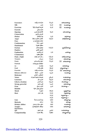 Exorcisers شَرَواثا معزّمات،مرقّيات 
Silk 1 شرايا حرير 
Exorcism 2 شَرايا تعزيمة،تعويذة،رقيّة 
Exorcist معزّم،مرقّي 
Opening شَرَيْتا افتتاح،حلّ،تحرير 
Consecration تكريس،تدشين 
Pitcher ) شَرْبا جَرَّة،)تنكَة 
Anger شَرْكَزتا غاضب،غضب،سخط 
Fury احتدام،هياج،ثوران 
Condemnation شجب ،ادانة 
Punishment معاقبة،عقوبة 
Furious شَرْكَزانا مهتاج،محتدم 
Punitive تأديبيّ،عقابيّ 
Explanation شَرْه شرح،تفسير 
Commentary تعليق،تعقيب 
Panic , fright شَرْهَزْتا رعب،ذعر،خوف 
Trousers شَرْوالا سروال 
Feasts 1 شَرْواثا اعياد،ولائم،مآدب 
Festivals احتفالات،مهرجانات 
(s) ) شَروثا )مفرد 
Food شَرُخْتا طعام،غذاء 
Exorcists 2 شَرْواثا معزّمات،مرقّيات 
Releaser, deliverer شَرويا المحرر ، المنقذ 
Redeemer المخلّص، المفدي 
Noises شَروقي ضوضاء،ضجة،اصوات 
Looseness شَ رْ يوثا تحرير،حَلْ 
Liberty ,freedom شريوث حرية،تحرر 
Strong ,powerful شَريرا قوي،شديد 
Firm ، شَرير ثابت،راسخ 
Reliable موثوق،يعول عليه 
Shrub شَرْ كانا شجيرة 
Root شَ رْ شا جذر،اصل 
323 
شِرْ شا 
شُرْشا 
Gate شَشْبا بوابة،باب واسعة 
Buttocks شاتا ارداف 
Drinker ,bibber شَتايا سكير،سكران،مدمن 
Temple – ) شَتاما موظف المعبد)خادم 
functionary 
(pl) شتامي خدم المعبد 
Companionship شَتَفوثا رفقة،عِشرة 
Download from: www.MandaeanNetwork.com 
 