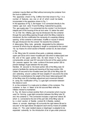 container may be tilted and filled without removing the container from
the truck or platform car.
The apparatus shown in Fig. 3 differs from that shown in Fig. 1 in a
number of features, any one or all of which could be readily
incorporated in the apparatus shown in Fig. 1.
In the apparatus of Fig. 3, the hopper 13 is connected directly to the
rotative gas lock valve 15 and the filling material fed by gravity.
The gas supply pipe 11 is connected into the conduit 1 sic forming an
integral part of the housing of the air lock valve 15, below the valve
15 so that the inflating gas may be introduced into the container
through the same filling opening through which the filling material is
introduced. By this modification the necessity of a separate inflating
opening of the container is eliminated. A baffle or nozzle 31 directs
the gas introduced into the conduit 15c towards the container.
A telescoping filling tube, generally designated by the reference
numeral 32 which may be adjusted in length is connected to the conduit
15c by means of a short section of flexible conduit 33, As best shown
in Fig.
4 the filling tube 32 consists of two parts, a relatively stationary
upper part 32rue and a lower movable part 32b which is telescoped over
the end of the upper portion 32a. As best shown in Fig. 4 a
compressible, annular seal 331 secured to the end of the upper portion
32v presses against the outer surface of the lower portion 32b to
prevent leakage of gas between the two parts.
Handles 34 secured to the lower portion 32b of the filling tube 32
serve to facilitate the raising and lowering of the lower portion 32b.
Cables 35 secured to the movable lower part 32b of the filling tube 32
and extending around pulleys 36 have weights 37 secured to the ends
thereof to counterbalance the weight of the lower telescoping part 32b
of the filling tube 32 to facilitate adjustment and movement thereof.
In using the modification of Fig. 3, a gas tight connection between
the sleeve or sock
S on the container C is made prior to inflation of the container. The
container is then in flated to its full size and filled while the
inflation thereof is maintained.
In Fig. 4A there is shown another florin of connection which may be
used for forming a gas tight connection between the filling tube 32
and the container C. This connection includes a rigid inner sleeve 38
which is connected to the end of the part 32b of the filling tube 32
by a short section of flexible conduit 39. A flexible, resilient
sleeve or annular diaphragm 40 surrounds the rigid sleeve 38 and is
secured to the rigid sleeve 38 adjacent each end by means of suitable
straps 41. The outer resilient sleeve or diaphragm is adapted to be
expanded outwardly bv the introduction of air or gas under pressure
 