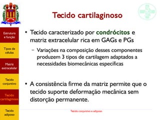 Tecido conjuntivo e adiposo
Tecido cartilaginoso
Estrutura
e função
Tipos de
células
Matriz
extracelular
Tecido
conjuntivo
Tecido
cartilaginoso
Tecido
adiposo
● Tecido caracterizado por condrócitos e
matriz extracelular rica em GAGs e PGs
– Variações na composição desses componentes
produzem 3 tipos de cartilagem adaptados a
necessidades biomecânicas específicas
● A consistência firme da matriz permite que o
tecido suporte deformação mecânica sem
distorção permanente.
 