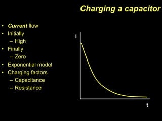 Charging a capacitor
• Current flow
• Initially
– High
• Finally
– Zero
• Exponential model
• Charging factors
– Capacitance
– Resistance
I
t
 