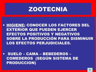 ZOOTECNIA
• HIGIENE: CONOCER LOS FACTORES DEL
EXTERIOR QUE PUEDEN EJERCER
EFECTOS POSITIVOS Y NEGATIVOS
SOBRE LA PRODUCCIÓN PARA DISMINUIR
LOS EFECTOS PERJUDICIALES.
• SUELO – CAMA – BEBEDEROS –
COMEDEROS (SEGÚN SISTEMA DE
PRODUCCION)
7
 