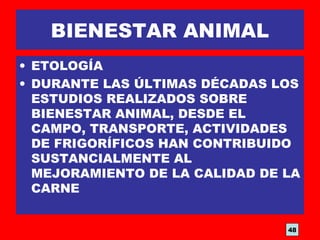 BIENESTAR ANIMAL
• ETOLOGÍA
• DURANTE LAS ÚLTIMAS DÉCADAS LOS
ESTUDIOS REALIZADOS SOBRE
BIENESTAR ANIMAL, DESDE EL
CAMPO, TRANSPORTE, ACTIVIDADES
DE FRIGORÍFICOS HAN CONTRIBUIDO
SUSTANCIALMENTE AL
MEJORAMIENTO DE LA CALIDAD DE LA
CARNE
48
 