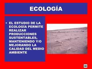 ECOLOGÍA
• EL ESTUDIO DE LA
ECOLOGÍA PERMITE
REALIZAR
PRODUCCIONES
SUSTENTABLES,
MANTENIENDO Y/O
MEJORANDO LA
CALIDAD DEL MEDIO
AMBIENTE
50
 