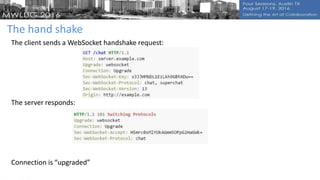 The hand shake
The client sends a WebSocket handshake request:
The server responds:
Connection is “upgraded”
 