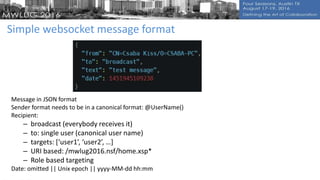 Simple websocket message format
Message in JSON format
Sender format needs to be in a canonical format: @UserName()
Recipient:
– broadcast (everybody receives it)
– to: single user (canonical user name)
– targets: [‘user1’, ‘user2’, …]
– URI based: /mwlug2016.nsf/home.xsp*
– Role based targeting
Date: omitted || Unix epoch || yyyy-MM-dd hh:mm
 