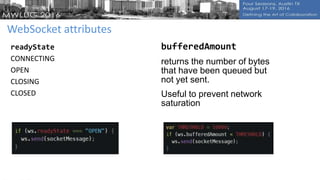 WebSocket attributes
readyState
CONNECTING
OPEN
CLOSING
CLOSED
bufferedAmount
returns the number of bytes
that have been queued but
not yet sent.
Useful to prevent network
saturation
 