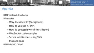 Agenda
HTTP protocol drawbacks
Websocket
– Why does it exist? (Background)
– How do you use it? (API)
– How do you get it work? (Installation)
– WebSocket code examples
– Server side listeners using SSJS
– Pros and cons
DEMO DEMO DEMO
 