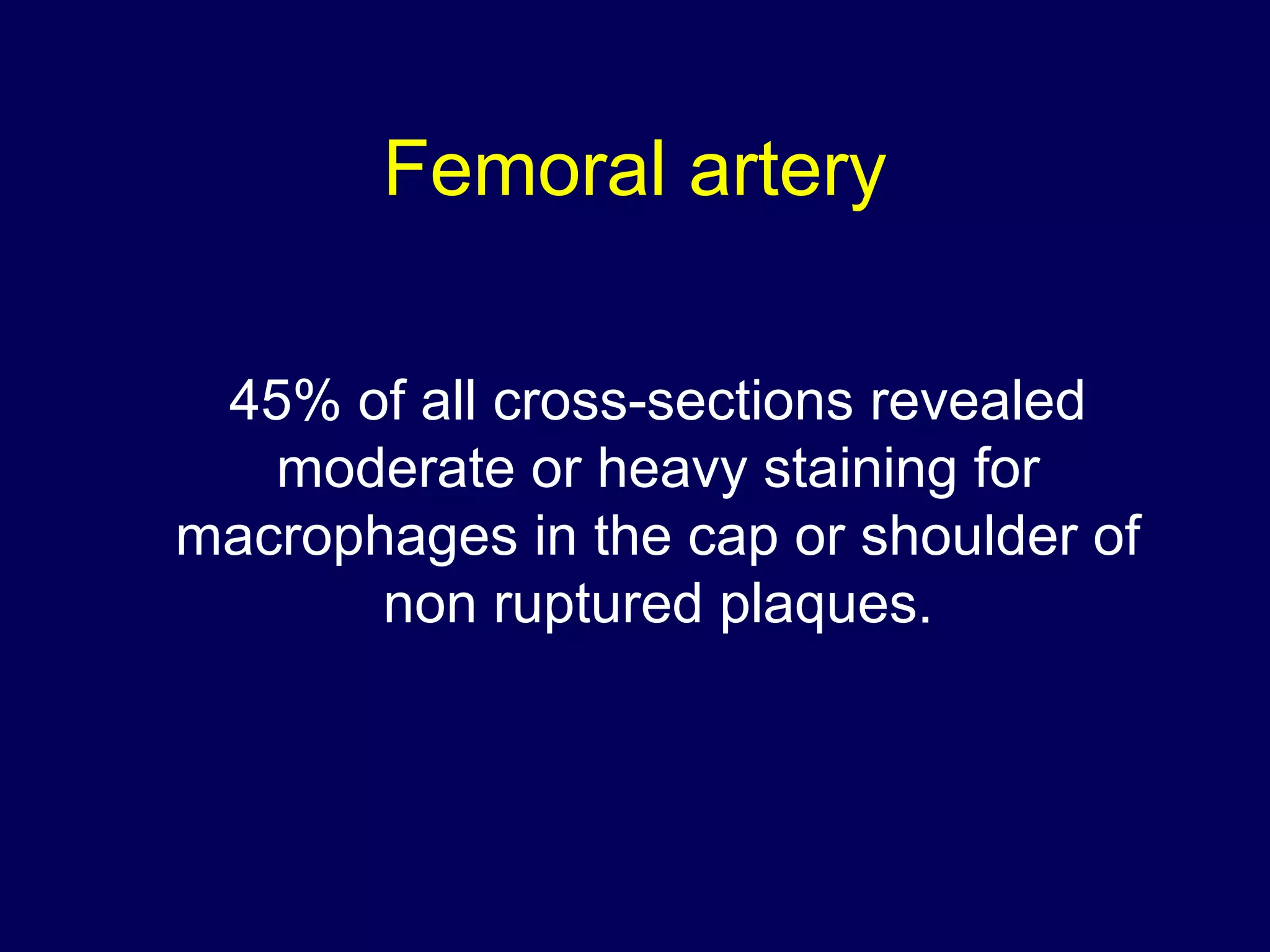 Femoral artery
45% of all cross-sections revealed
moderate or heavy staining for
macrophages in the cap or shoulder of
non ruptured plaques.
 