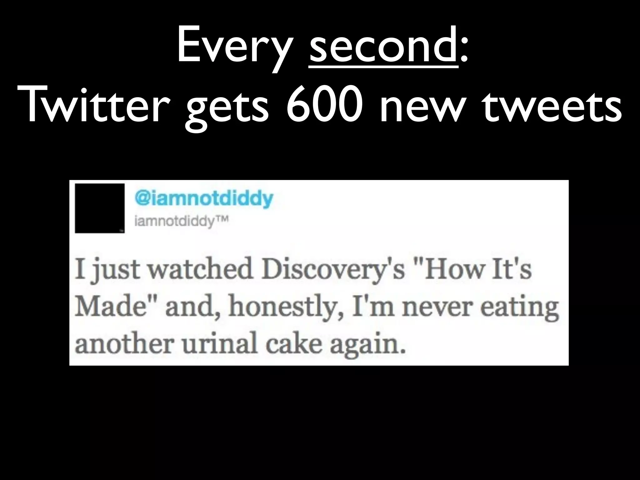 Every second:
Twitter gets 600 new tweets
 