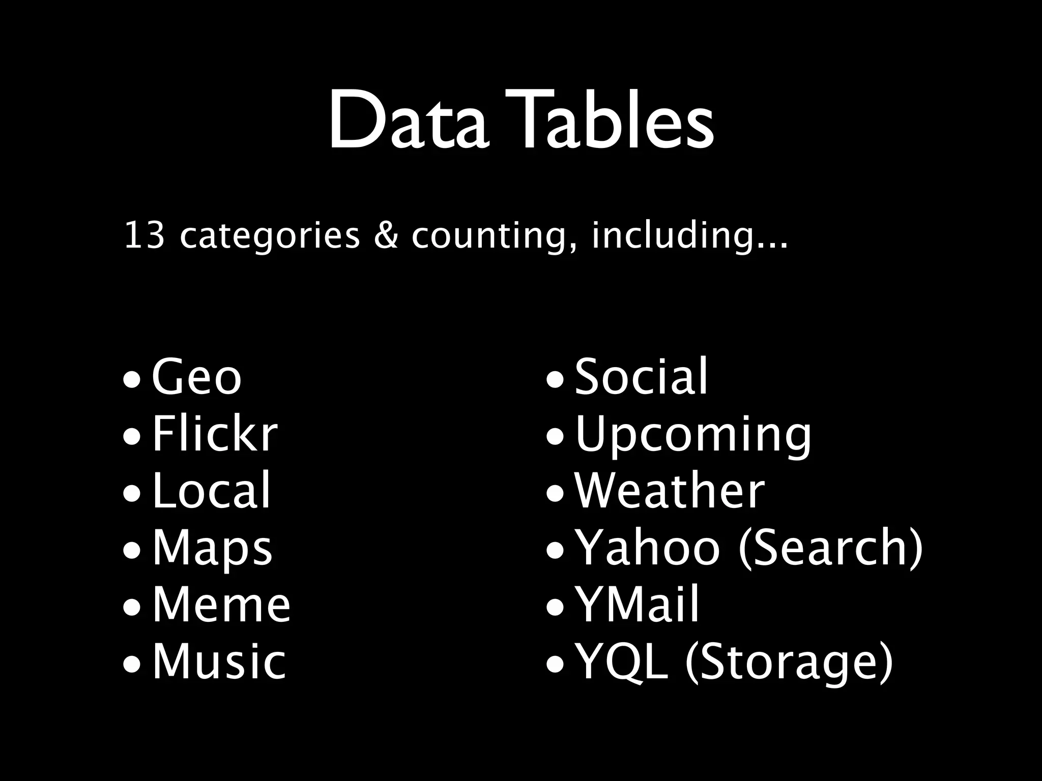 Data Tables
13 categories & counting, including...


• Geo                  • Social
• Flickr               • Upcoming
• Local                • Weather
• Maps                 • Yahoo (Search)
• Meme                 • YMail
• Music                • YQL (Storage)
 