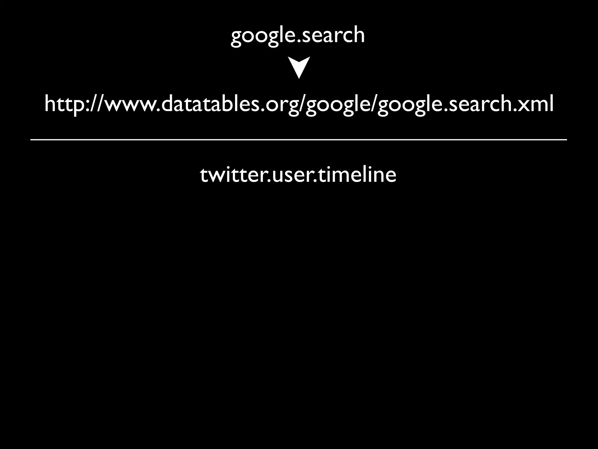 google.search

http://www.datatables.org/google/google.search.xml

               twitter.user.timeline
 