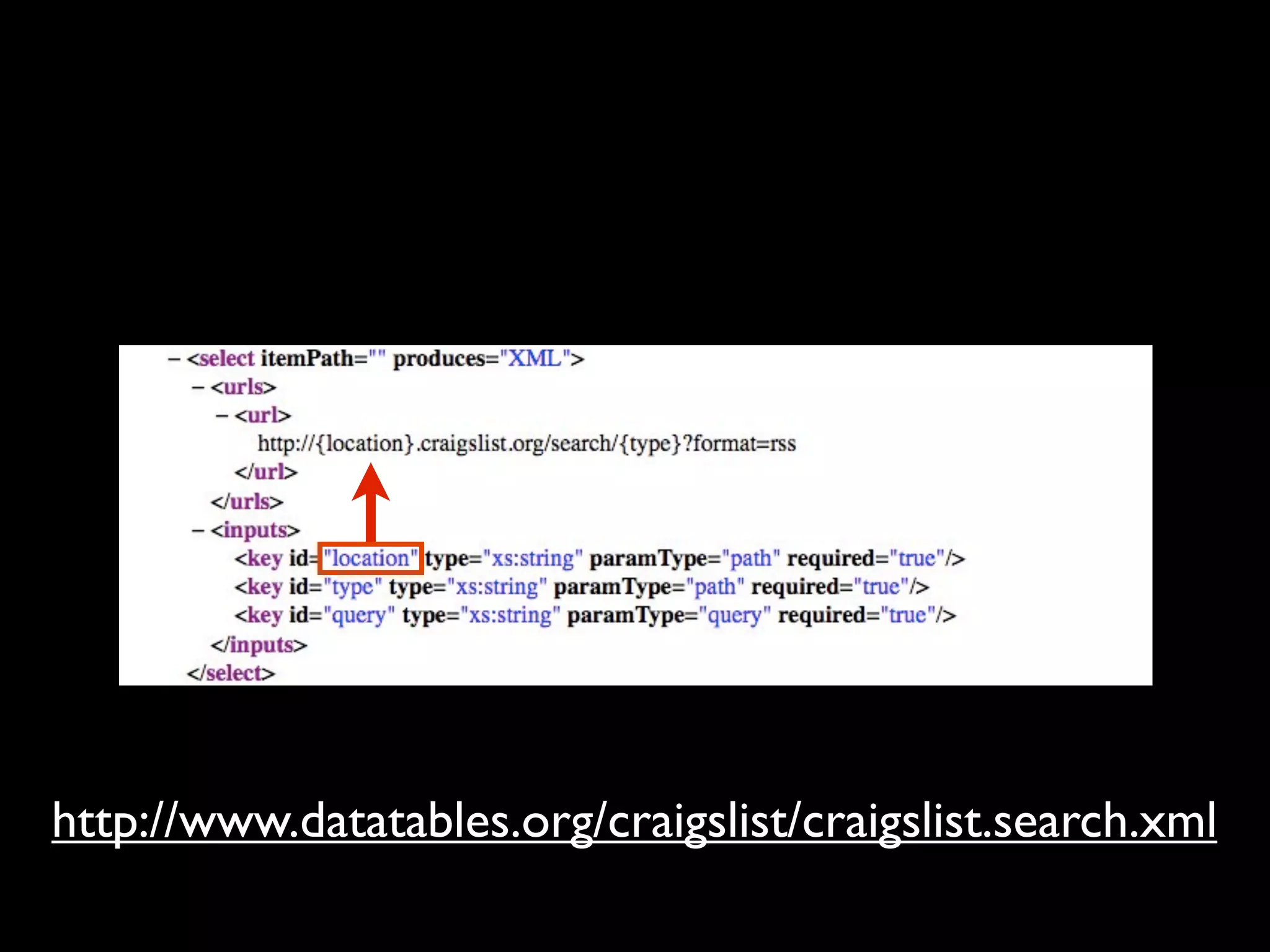 http://www.datatables.org/craigslist/craigslist.search.xml
 