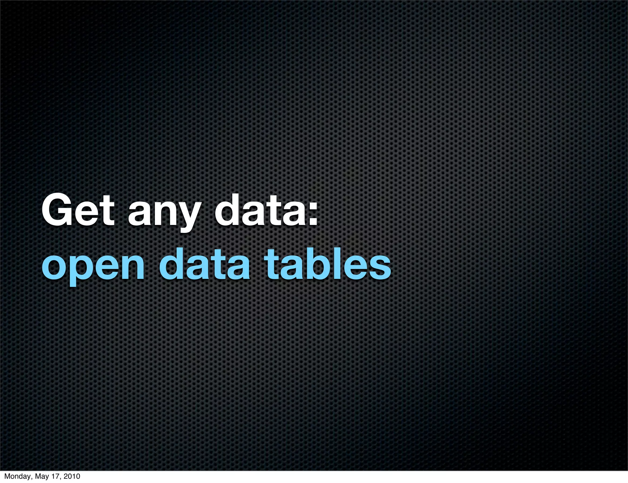 Get any data:
         open data tables



Monday, May 17, 2010
 