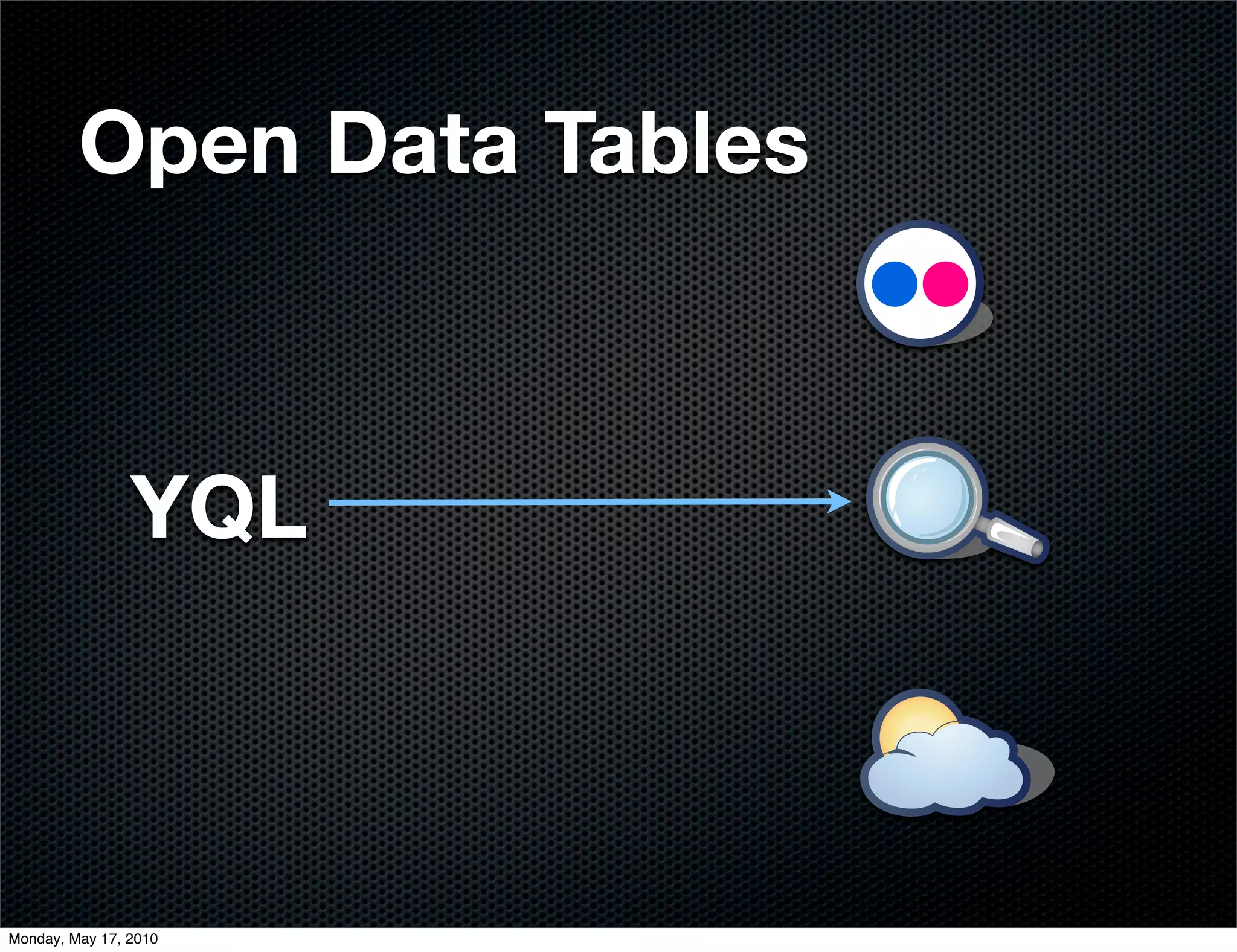 Open Data Tables



                YQL



Monday, May 17, 2010
 