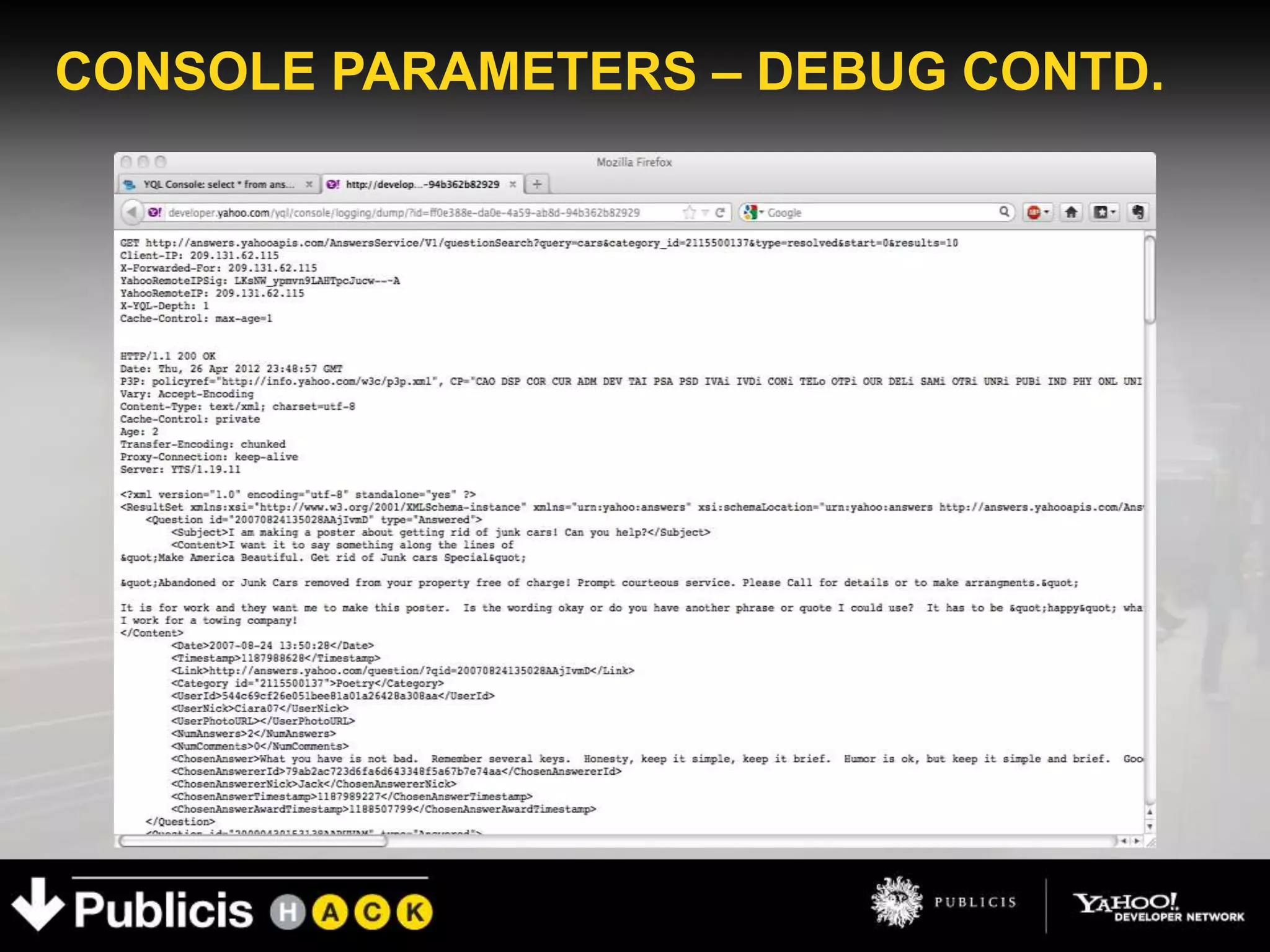 CONSOLE PARAMETERS – DEBUG CONTD.
 