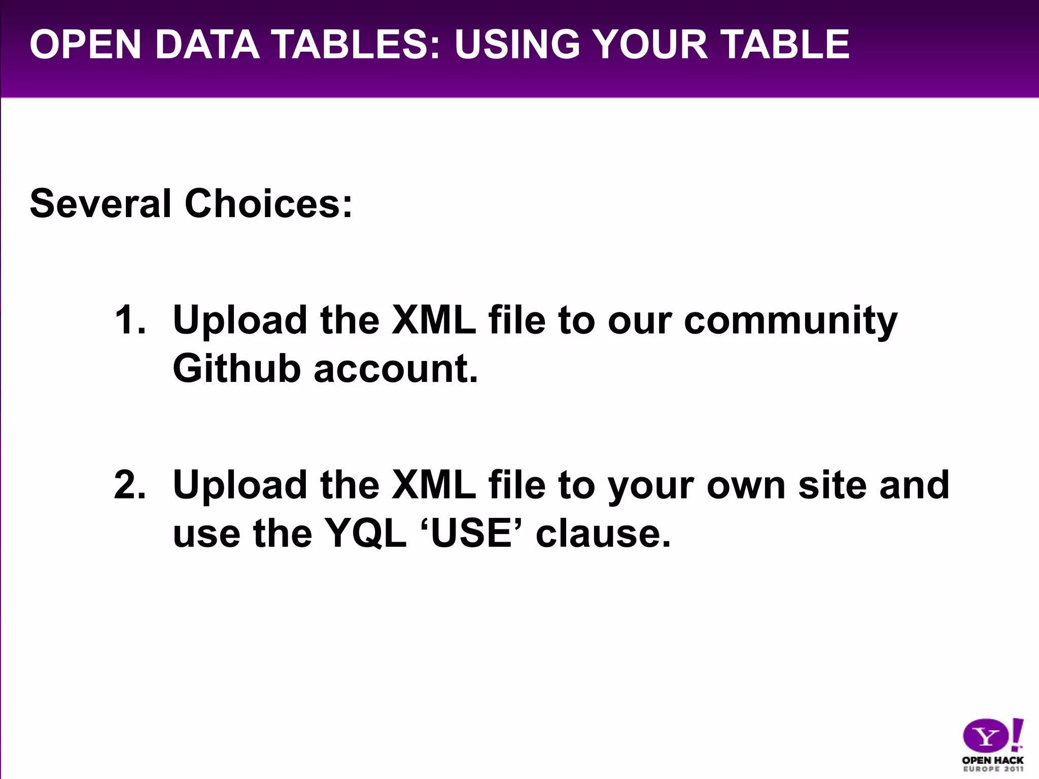 Open Data Tables: Meta Node<?xml version="1.0" encoding="UTF-8"?><table xmlns="http://query.yahooapis.com/v1/schema/table.xsd">    <meta>        <author>Jonathan LeBlanc</author>                   <description>My Table</description>         <documentationURL>www.site.com        </documentationURL>               <sampleQuery>SELECT * FROM {table}         </sampleQuery>    </meta>        <bindings></bindings></table>