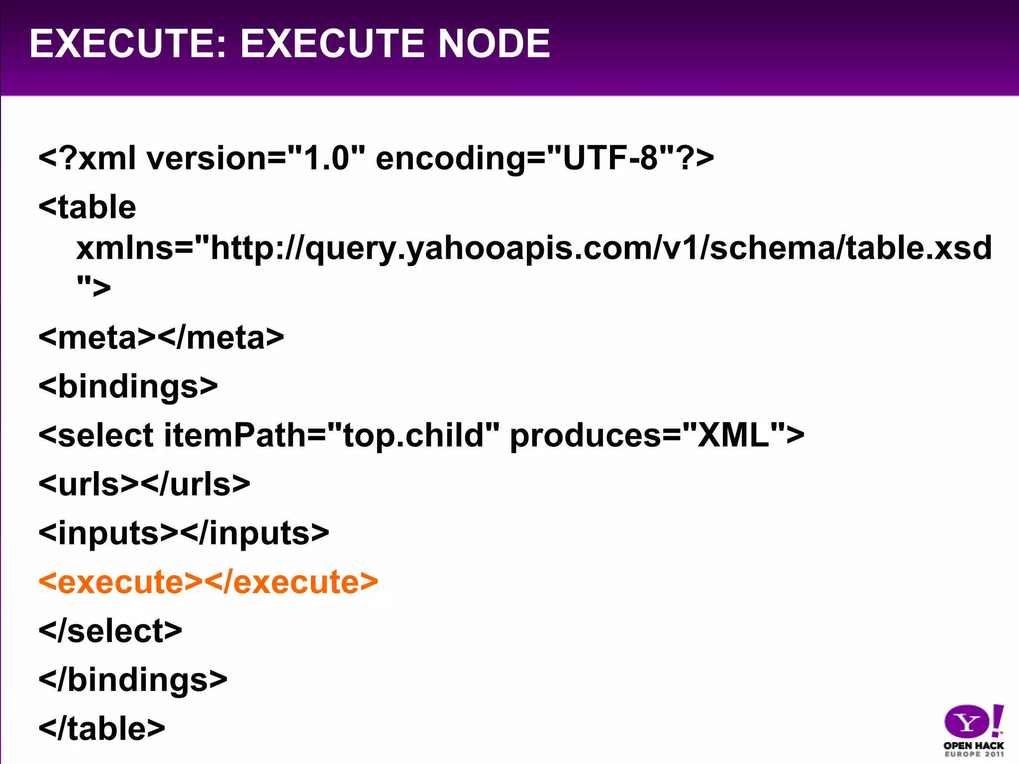 Open Data Tables: Using The USE ClauseThe USE clauseUSE 'http://www.mysite.com/my_table.xml' AS mytable; SELECT * FROM mytableWHERE user='john_doe'