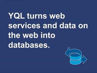 YQL turns web
services and data on
the web into
databases.
 