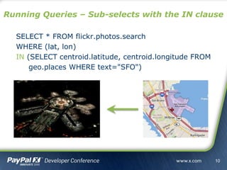 SELECT * FROM flickr.photos.search
WHERE (lat, lon)
IN (SELECT centroid.latitude, centroid.longitude FROM
geo.places WHERE text="SFO")
Running Queries – Sub-selects with the IN clause
10
 