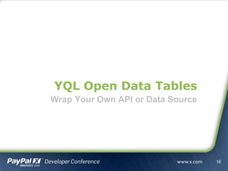 YQL Open Data Tables
Wrap Your Own API or Data Source
16
 