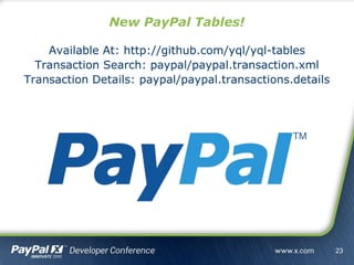 New PayPal Tables!
Available At: http://github.com/yql/yql-tables
Transaction Search: paypal/paypal.transaction.xml
Transaction Details: paypal/paypal.transactions.details
23
 