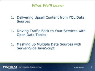 1. Delivering Upsell Content from YQL Data
Sources
1. Driving Traffic Back to Your Services with
Open Data Tables
1. Mashing up Multiple Data Sources with
Server-Side JavaScript
What We’ll Learn
3
 