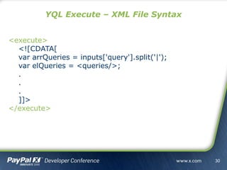 <execute>
<![CDATA[
var arrQueries = inputs['query'].split('|');
var elQueries = <queries/>;
.
.
.
]]>
</execute>
YQL Execute – XML File Syntax
30
 