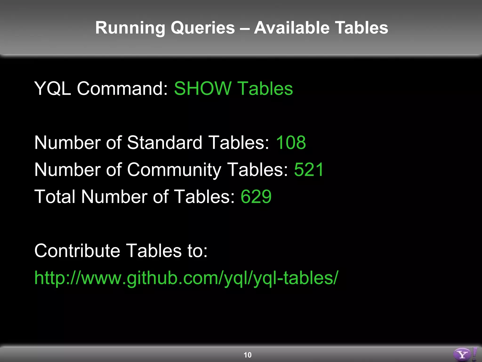 10Running Queries – Sub-selects with the IN clauseSELECT * FROM flickr.photos.searchWHERE (lat, lon) IN (SELECT centroid.latitude, centroid.longitude FROM geo.places WHERE text="SFO")