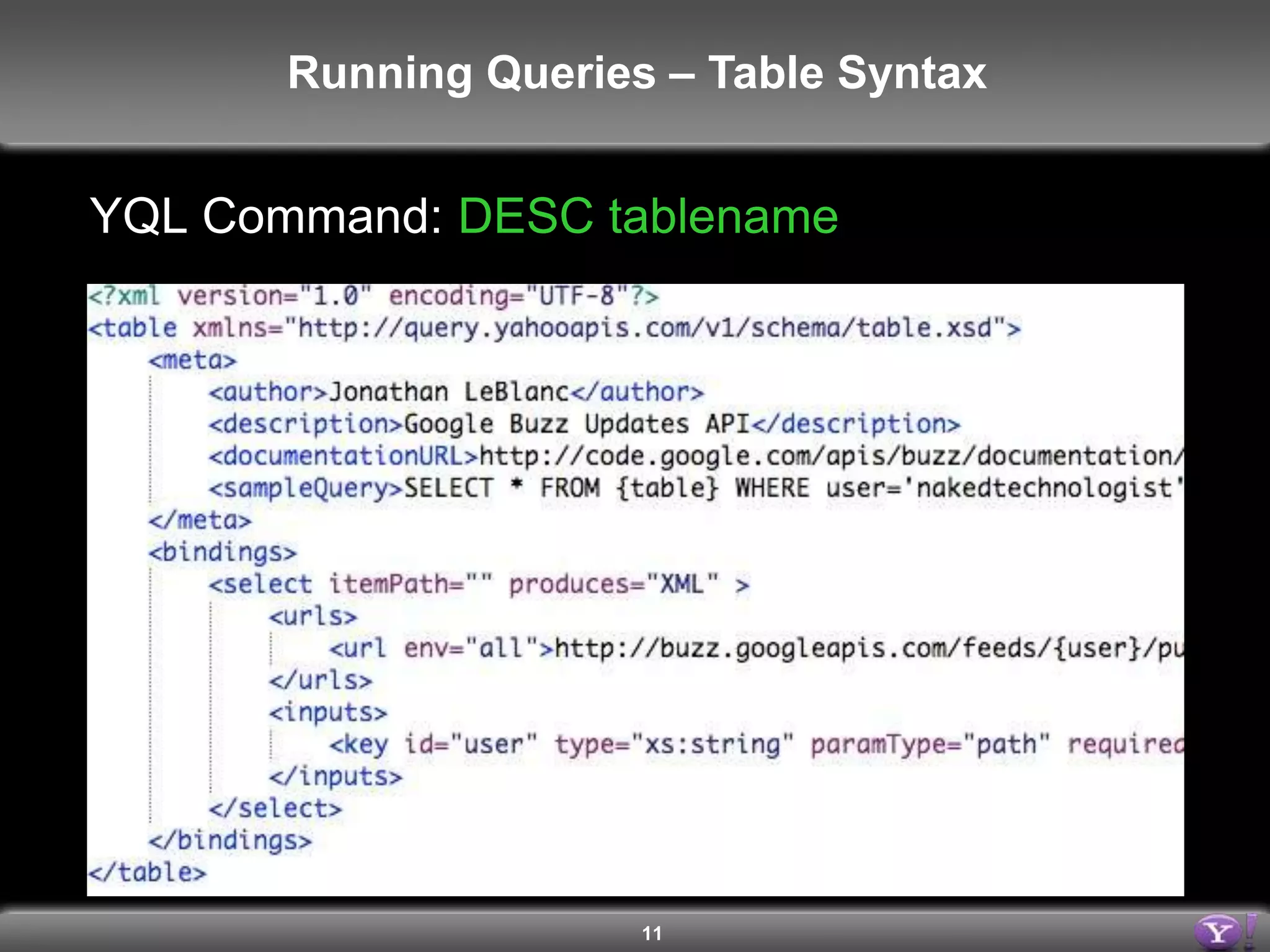 11Running Queries – Available TablesYQL Command: SHOW TablesNumber of Standard Tables: 113Number of Community Tables: 610Total Number of Tables: 723Contribute Tables to: http://www.github.com/yql/yql-tables/