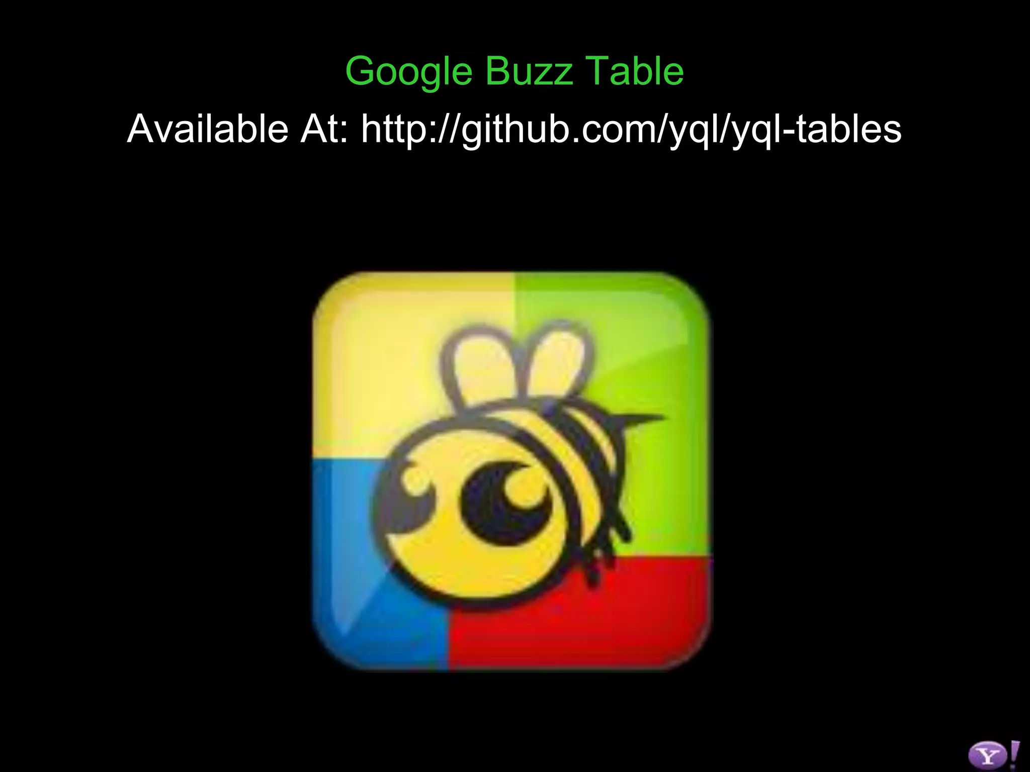 17Open Data Tables – XML File Syntax<?xml version="1.0" encoding="UTF-8"?><table xmlns="http://query.yahooapis.com/v1/schema/table.xsd">        <meta></meta>        <bindings></bindings></table>
