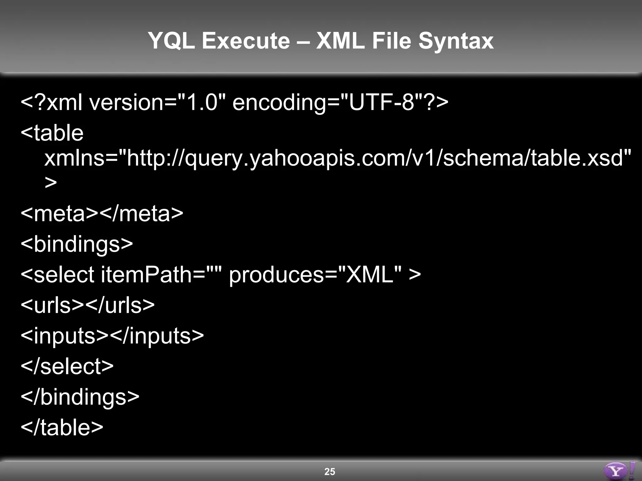 21Open Data Tables – XML File Syntax<?xml version="1.0" encoding="UTF-8"?><table xmlns="http://query.yahooapis.com/v1/schema/table.xsd">        <meta></meta> <bindings><select itemPath="" produces="XML" >             <urls>                 <urlenv="all”>http://www.site.com/{user}</url>             </urls>             <inputs>                <key id="user" type="xs:string" paramType="path"                    required="true" /> </inputs>         </select>     </bindings></table>