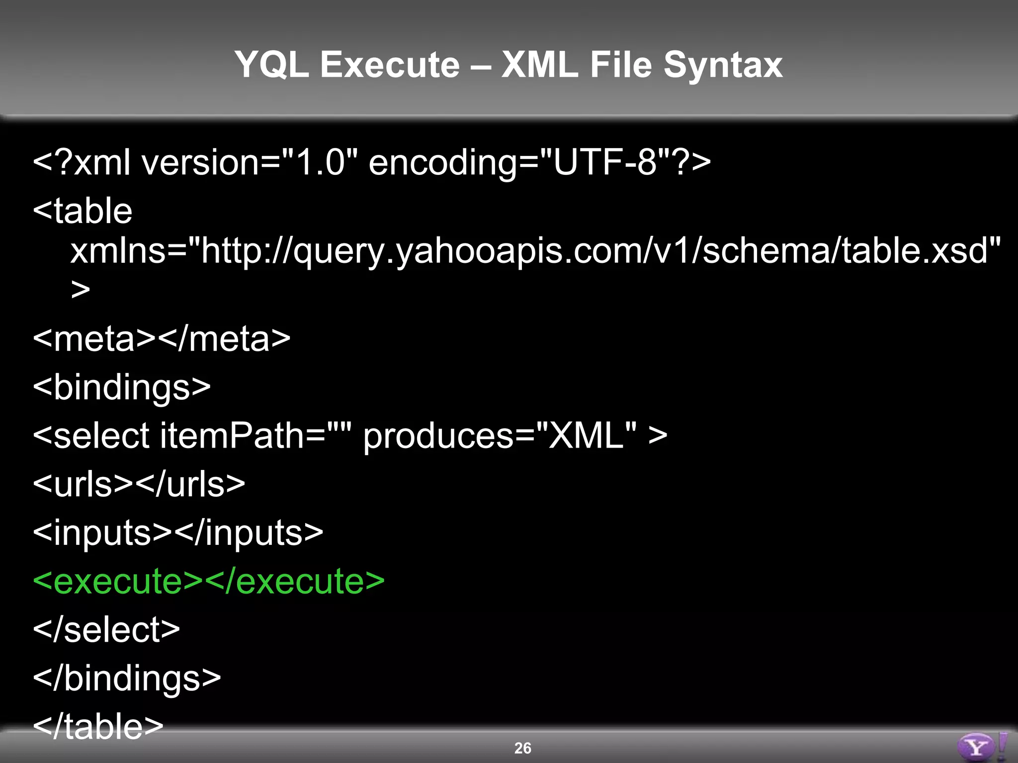 22Open Data Tables – Invoking a Table DefinitionThe USE clauseUSE 'http://github.com/yql/yql-tables/raw/master/google/google.buzz.updates.xml'AS buzz.updates; SELECT * FROM buzz.updatesWHERE user='nakedtechnologist'