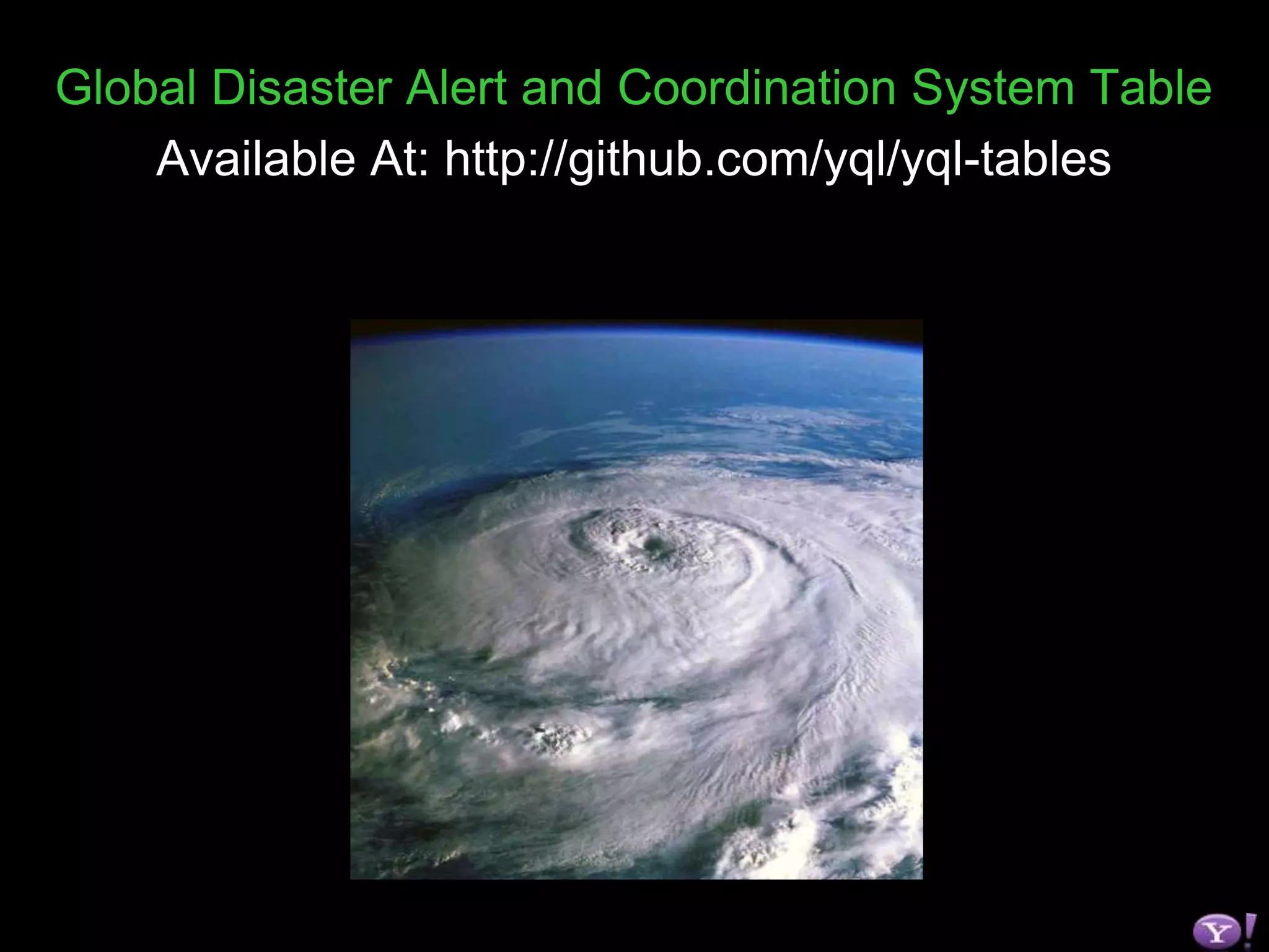 23Open Data Tables – .env Fileshttp://datatables.org/alltables.envUSE 'http://www.datatables.org/amazon/amazon.ecs.xml' AS amazon.ecs;USE 'http://www.datatables.org/bitly/bit.ly.shorten.xml' AS bit.ly.shorten;USE 'http://www.datatables.org/dopplr/dopplr.auth.xml' AS dopplr.auth;USE 'http://www.datatables.org/dopplr/dopplr.city.info.xml' AS dopplr.city.info;