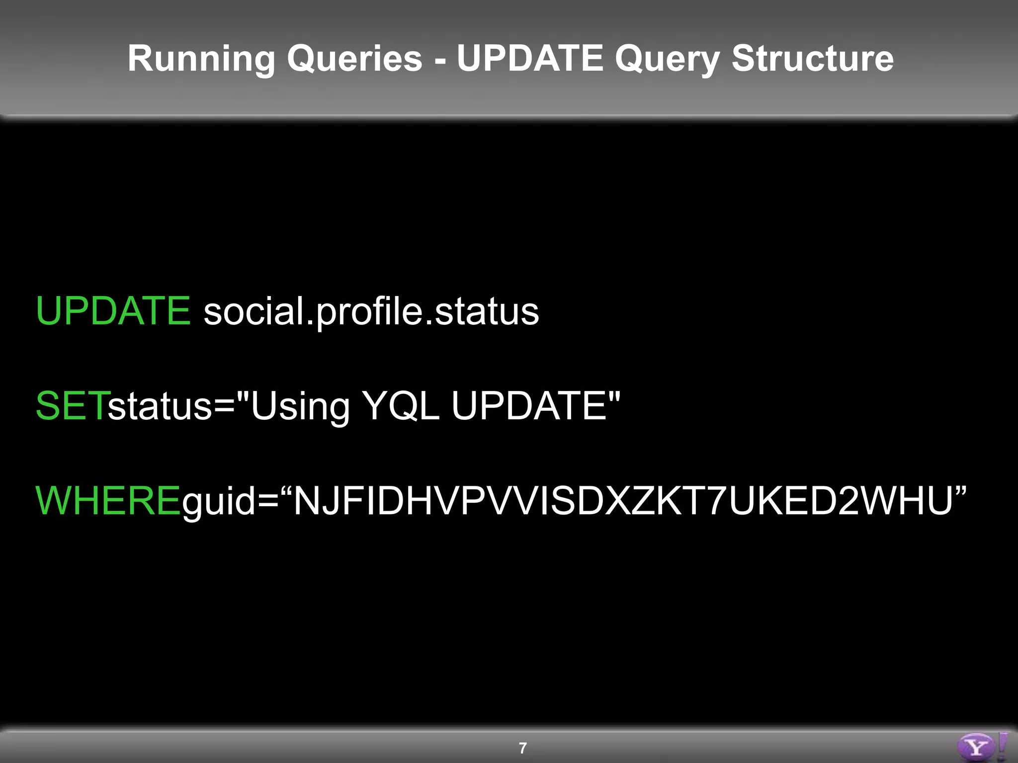 7Running Queries - INSERT Query StructureINSERT INTObitly.shorten (login, apiKey, longUrl) VALUES (’ME', 'API_KEY', 'http://yahoo.com') 
