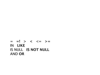 = =! > < <= >=
IN LIKE
IS NULL IS NOT NULL
AND OR
 