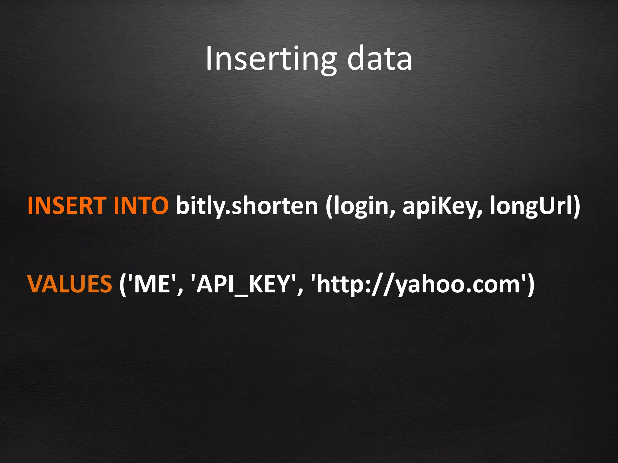 Inserting data


INSERT INTO bitly.shorten (login, apiKey, longUrl)

VALUES ('ME', 'API_KEY', 'http://yahoo.com')
 