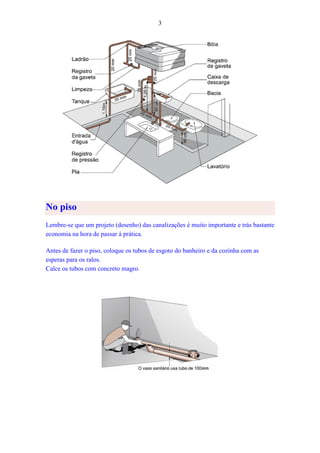 3
No piso
Lembre-se que um projeto (desenho) das canalizações é muito importante e trás bastante
economia na hora de passar á prática.
Antes de fazer o piso, coloque os tubos de esgoto do banheiro e da cozinha com as
esperas para os ralos.
Calce os tubos com concreto magro.
 