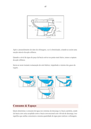 47
Após o preenchimento do duto de sifonagem, o ar é elimininado, criando-se assim uma
sucção através da ação sifônica.
Quando o nível de água do poço da bacia estiver no ponto mais baixo, temos a ruptura
da ação sifônica.
Inicia-se neste instante restauração do selo hídrico, impedindo o retorno dos gases do
esgoto.
Consumo & Espaço
Quem determina o consumo de água nos sistemas de descarga é a bacia sanitária, sendo
ela bacia com caixa acoplada como a bacia convencional com válvula de descarga, isso
significa que ambas consomem a mesma quantidade de água para realizar a sifonagem.
 
