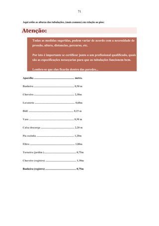 71
Aqui estão as alturas das tubulações, (mais comuns) em relação ao piso:
Atenção:
Todas as medidas sugeridas, podem variar de acordo com a necessidade de
pressão, altura, distancias, percurso, etc.
Por isto é importante se certificar junto a um profissional qualificado, quais
são as especificações nesseçarias para que as tubulações funcionem bem.
Lembre-se que elas ficarão dentro das paredes...
Aparelho ............................................................ metro.
Banheira ............................................................ 0,50 m
Chuveiro ............................................................ 2,30m
Lavatorio ............................................................ 0,60m
Bidê ................................................................... 0,15 m
Vaso ................................................................... 0,30 m
Caixa descarga .................................................. 2,20 m
Pia cozinha ........................................................ 1,20m
Filtro ................................................................... 1,80m
Torneira (jardim )................................................ 0,75m
Chuveiro (registro) .............................................. 1.30m
Banheira (registro) .............................................. 0,75m
 