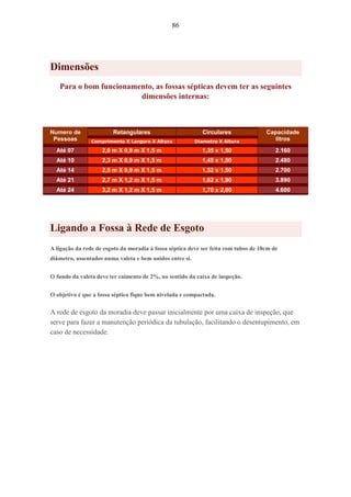 86
Dimensões
Para o bom funcionamento, as fossas sépticas devem ter as seguintes
dimensões internas:
Retangulares CircularesNumero de
Pessoas Comprimento X Largura X Altura Diametro X Altura
Capacidade
litros
Até 07 2,0 m X 0,9 m X 1,5 m 1,35 x 1,50 2.160
Até 10 2,3 m X 0,9 m X 1,5 m 1,45 x 1,50 2.480
Até 14 2,5 m X 0,9 m X 1,5 m 1,52 x 1,50 2.700
Até 21 2,7 m X 1,2 m X 1,5 m 1,62 x 1,90 3.890
Até 24 3,2 m X 1,2 m X 1,5 m 1,70 x 2,00 4.600
Ligando a Fossa à Rede de Esgoto
A ligação da rede de esgoto da moradia à fossa séptica deve ser feita com tubos de 10cm de
diâmetro, assentados numa valeta e bem unidos entre si.
O fundo da valeta deve ter caimento de 2%, no sentido da caixa de inspeção.
O objetivo é que a fossa séptica fique bem nivelada e compactada.
A rede de esgoto da moradia deve passar inicialmente por uma caixa de inspeção, que
serve para fazer a manutenção periódica da tubulação, facilitando o desentupimento, em
caso de necessidade.
 