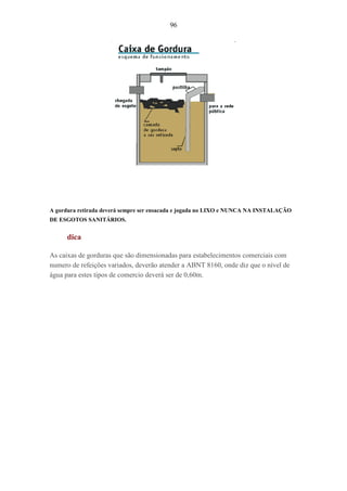 96
A gordura retirada deverá sempre ser ensacada e jogada no LIXO e NUNCA NA INSTALAÇÃO
DE ESGOTOS SANITÁRIOS.
dica
As caixas de gorduras que são dimensionadas para estabelecimentos comerciais com
numero de refeições variados, deverão atender a ABNT 8160, onde diz que o nível de
água para estes tipos de comercio deverá ser de 0,60m.
 