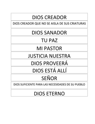 DIOS CREADOR
DIOS CREADOR QUE NO SE AISLA DE SUS CRIATURAS

           DIOS SANADOR
              TU PAZ
             MI PASTOR
         JUSTICIA NUESTRA
          DIOS PROVEERÁ
           DIOS ESTÁ ALLÍ
              SEÑOR
DIOS SUFICIENTE PARA LAS NECESIDADES DE SU PUEBLO


             DIOS ETERNO
 