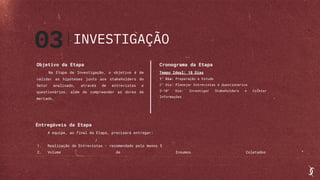 Objetivo da Etapa
Na Etapa de Investigação, o objetivo é de
validar as hipóteses junto aos stakeholders do
Setor analisado, através de entrevistas e
questionários, além de compreender as dores de
mercado.
03
Cronograma da Etapa
Tempo Ideal: 10 Dias
1° Dia: Preparação e Estudo
2° Dia: Planejar Entrevistas e Questionários
3-10° Dia: Investigar Stakeholders e Coletar
Informações
Entregáveis da Etapa
A equipe, ao final da Etapa, precisará entregar:
1. Realização de Entrevistas - recomendado pelo menos 5
2. Volume de Insumos Coletados
INVESTIGAÇÃO
 