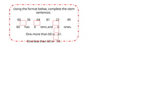 Using the format below, complete the stem
sentences.
60 36 64 81 22 49
60 has 6 tens and 0 ones.
One more than 60 is 61.
One less than 60 is 59.
 