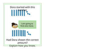 I am going to
find one more.
Dora started with this
number.
Had Dora shown the correct
amount?
Explain how you know.
 