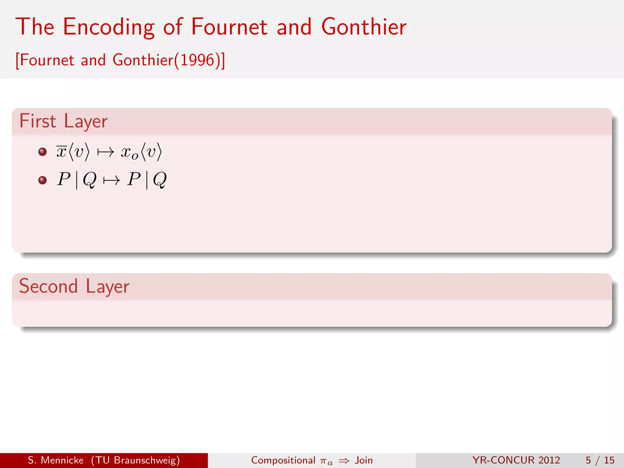 The Encoding of Fournet and Gonthier
[Fournet and Gonthier(1996)]


First Layer
      x v → xo v
      P |Q → P |Q




Second Layer




 S. Mennicke (TU Braunschweig)   Compositional πa ⇒ Join   YR-CONCUR 2012   5 / 15
 