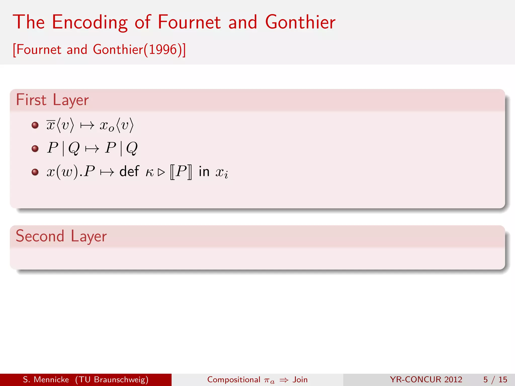 The Encoding of Fournet and Gonthier
[Fournet and Gonthier(1996)]


First Layer
      x v → xo v
      P |Q → P |Q
      x(w).P → def κ             P in xi



Second Layer




 S. Mennicke (TU Braunschweig)       Compositional πa ⇒ Join   YR-CONCUR 2012   5 / 15
 