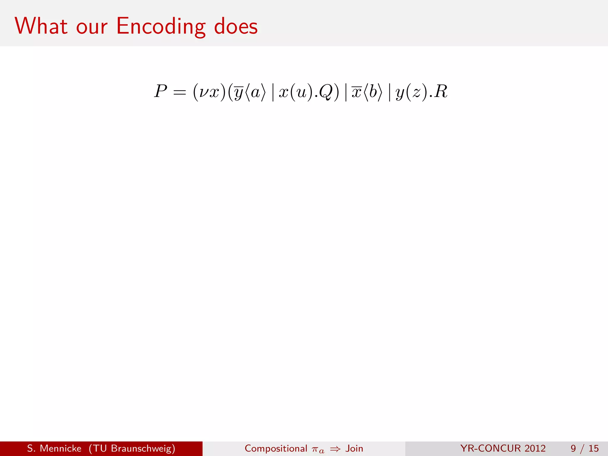 What our Encoding does

                         P = (νx)(y a | x(u).Q) | x b | y(z).R




 S. Mennicke (TU Braunschweig)      Compositional πa ⇒ Join      YR-CONCUR 2012   9 / 15
 